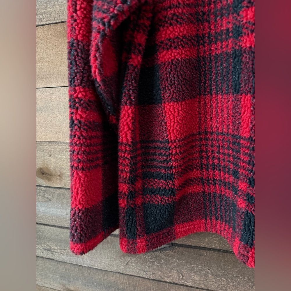 Vintage Plaid Fleece Jacket Red Black Faux Fur Collar Zip Front Size S - Picture 8 of 10